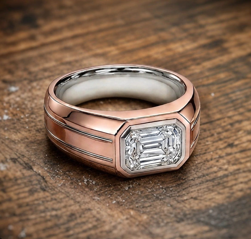 Bague chevalière diamant en titane PVD rose, impression 3D titane Genève